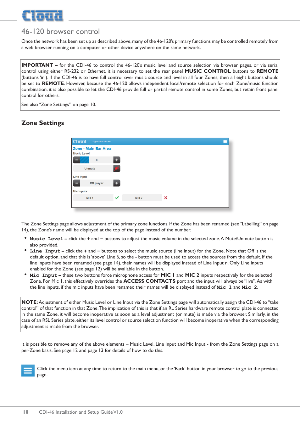 120 browser control, Zone settings | Cloud Electronics 46-120 - CDI-46 User Manual | Page 10 / 28