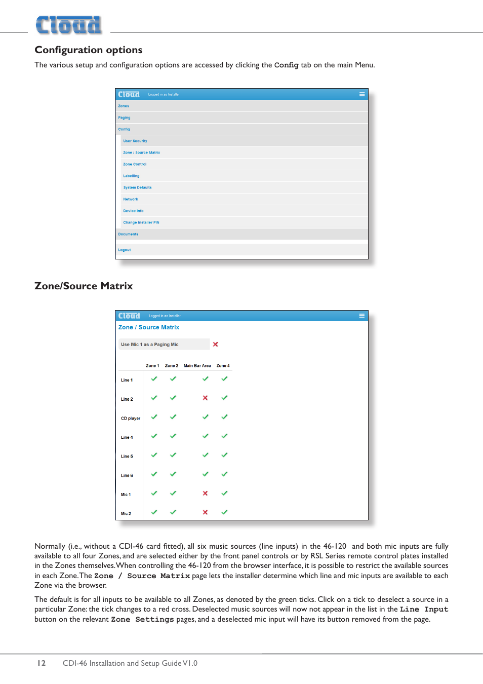 Configuration options, Zone/source matrix | Cloud Electronics 46-120 - CDI-46 User Manual | Page 12 / 28