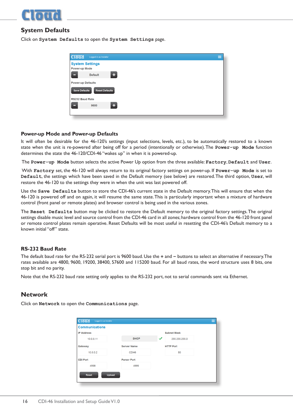 System defaults, Network | Cloud Electronics 46-120 - CDI-46 User Manual | Page 16 / 28