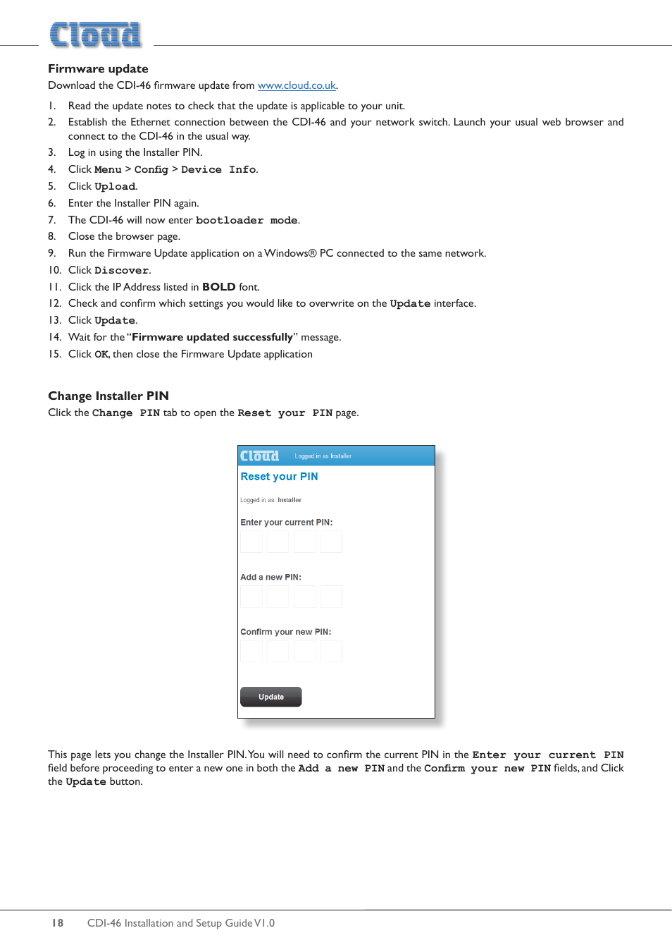 Firmware update change installer pin | Cloud Electronics 46-120 - CDI-46 User Manual | Page 18 / 28