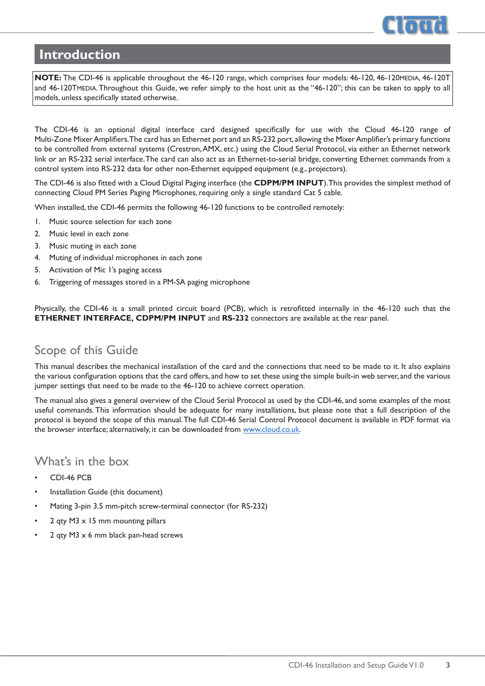 Introduction, Scope of this guide, What’s in the box | Cloud Electronics 46-120 - CDI-46 User Manual | Page 3 / 28