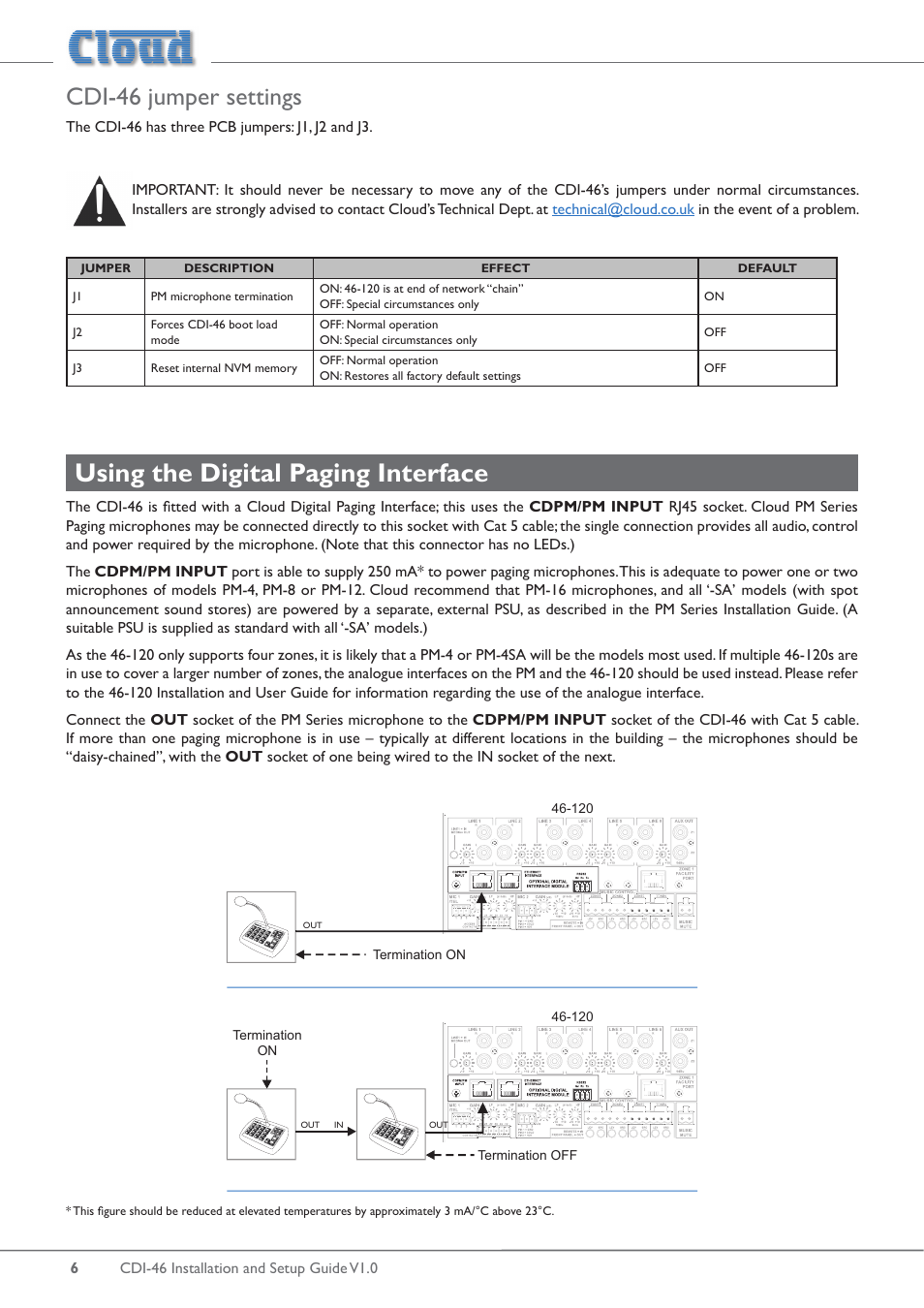 Cdi-46 jumper settings, Using the digital paging interface | Cloud Electronics 46-120 - CDI-46 User Manual | Page 6 / 28