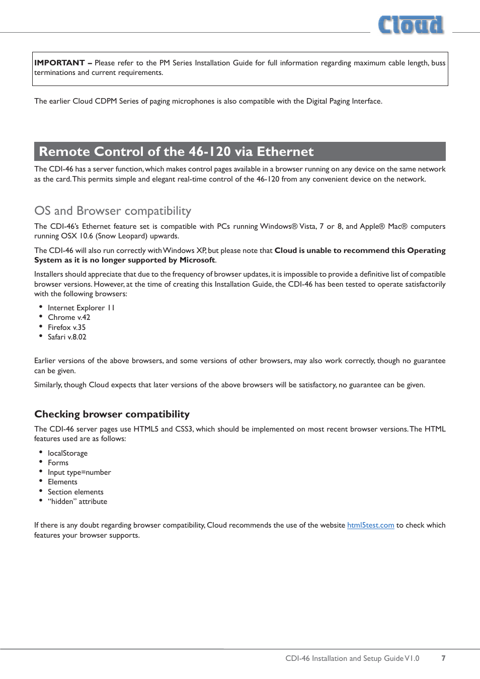 Remote control of the 46-120 via ethernet, Os and browser compatibility, Checking browser compatibility | Cloud Electronics 46-120 - CDI-46 User Manual | Page 7 / 28