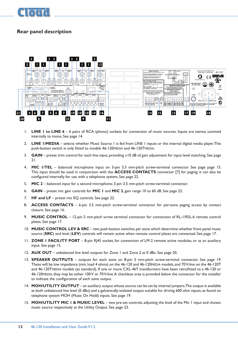 Rear panel description | Cloud Electronics 46-120TMedia User Manual | Page 12 / 36