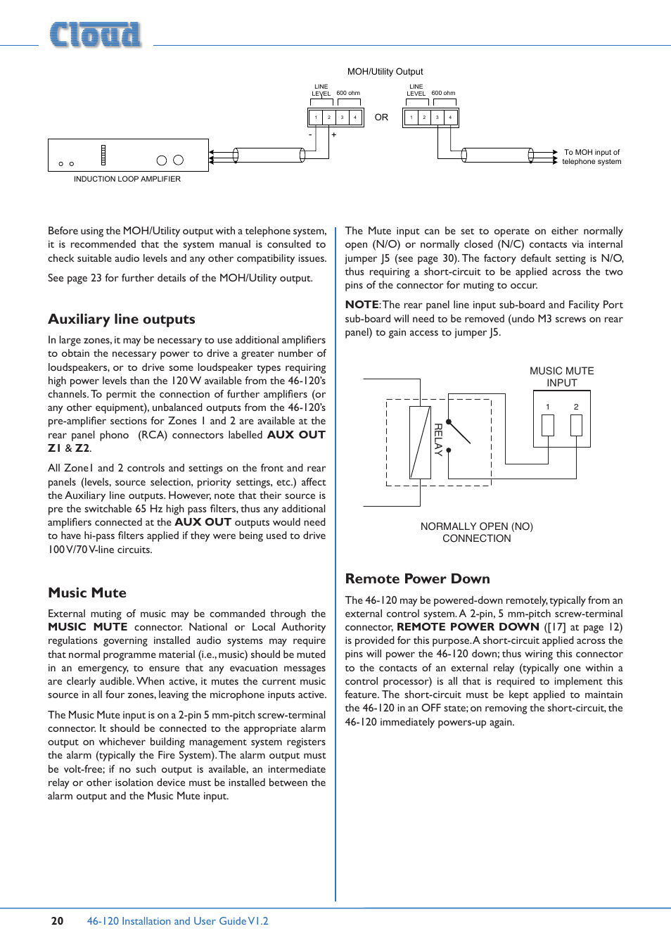 Auxiliary line outputs, Music mute, Remote power down | Cloud Electronics 46-120TMedia User Manual | Page 20 / 36