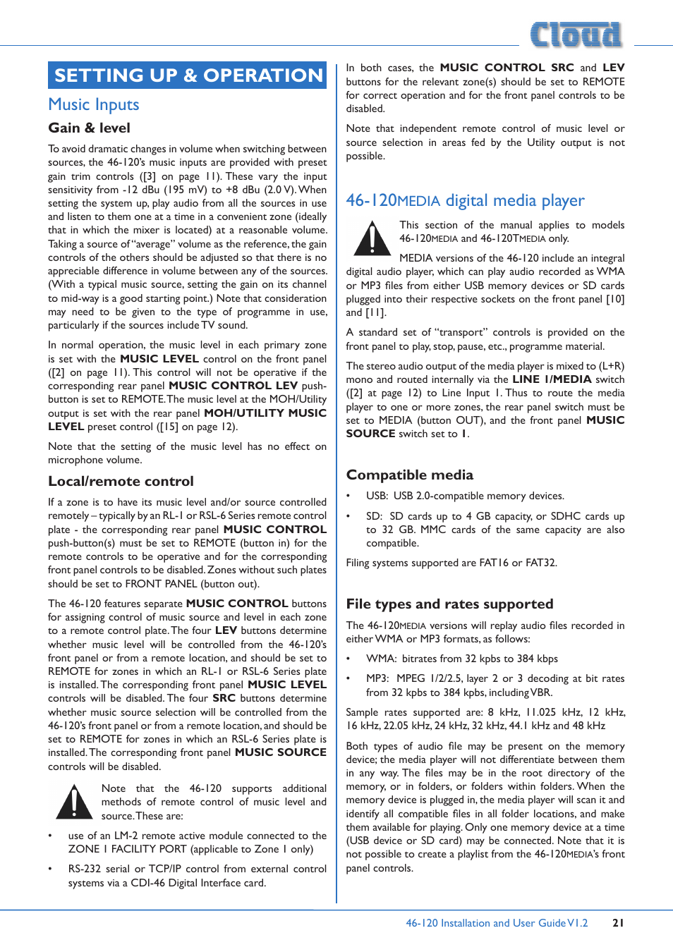 Setting up & operation, Music inputs, Gain & level | Local/remote control, Media, Digital media player, Compatible media file types and rates supported | Cloud Electronics 46-120TMedia User Manual | Page 21 / 36