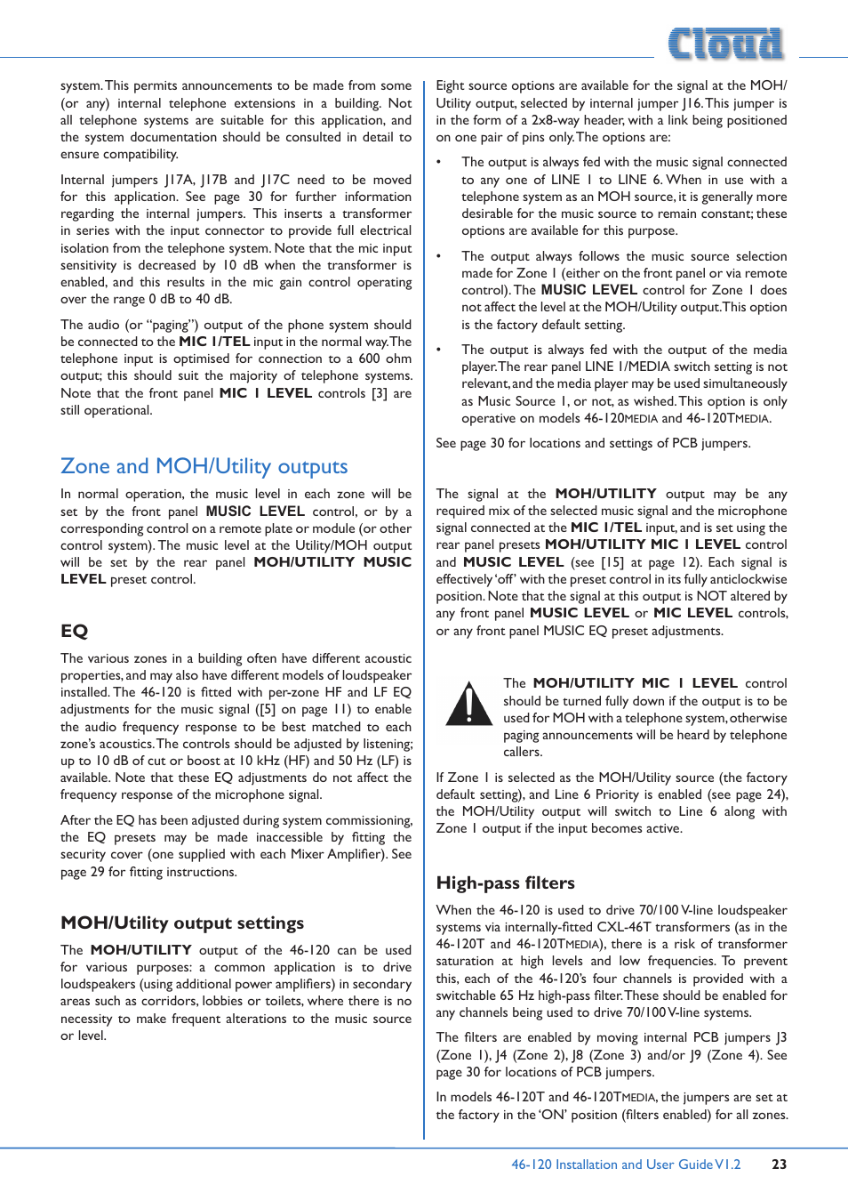 Zone and moh/utility outputs, Moh/utility output settings high-pass filters, Moh/utility output settings | High-pass filters | Cloud Electronics 46-120TMedia User Manual | Page 23 / 36