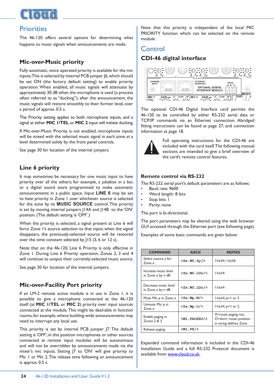 Priorities, Mic-over-music priority, Line 6 priority mic-over-facility port priority | Control, Cdi-46 digital interface, Line 6 priority, Mic-over-facility port priority | Cloud Electronics 46-120TMedia User Manual | Page 24 / 36