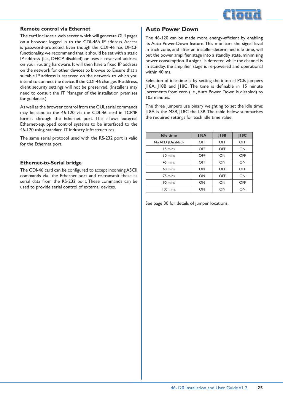 Auto power down, Remote control via ethernet, Ethernet-to-serial bridge | Cloud Electronics 46-120TMedia User Manual | Page 25 / 36