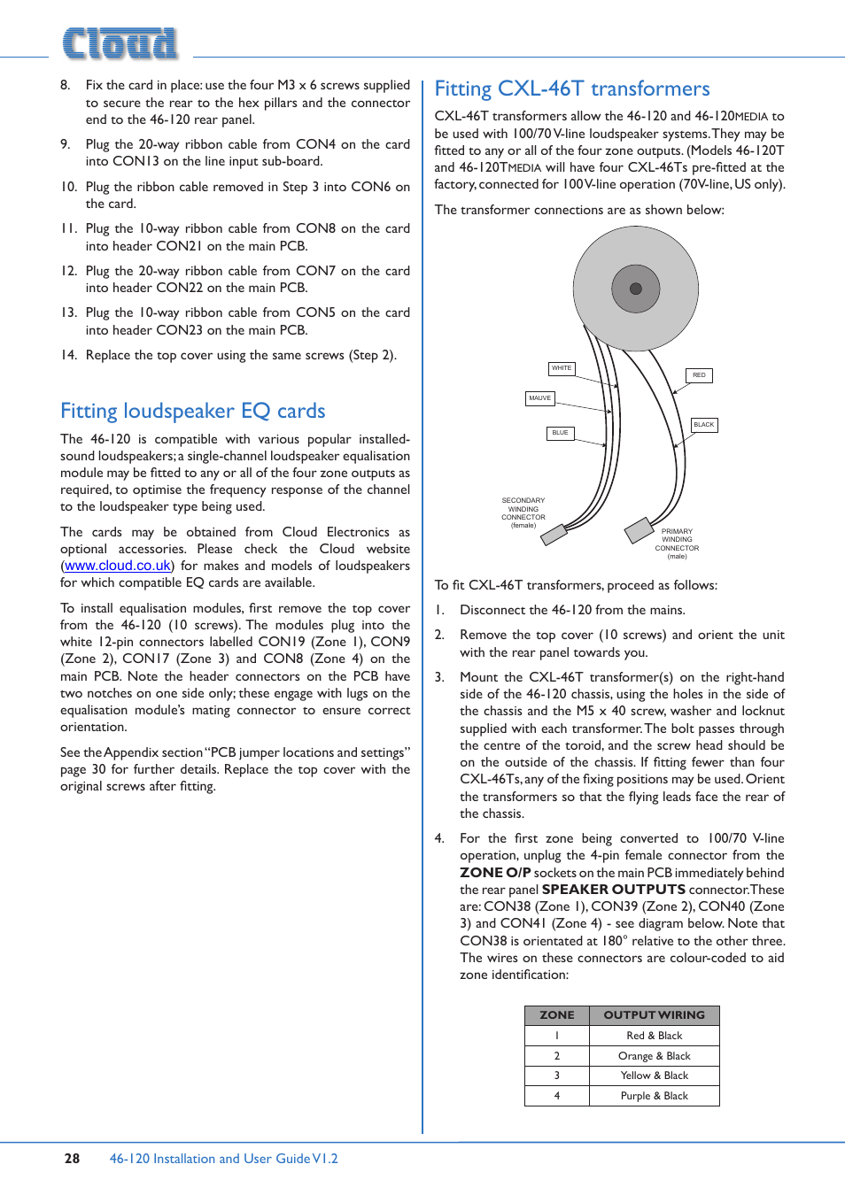 Fitting loudspeaker eq cards, Fitting cxl-46t transformers | Cloud Electronics 46-120TMedia User Manual | Page 28 / 36