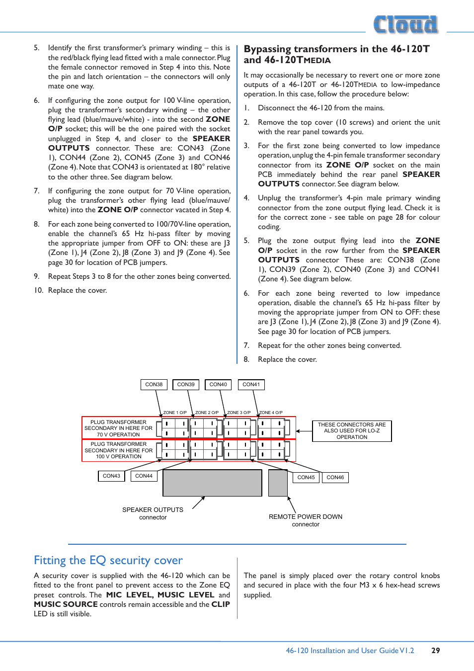Bypassing transformers in the 46-120t and 46-120t, Media, Fitting the eq security cover | Cloud Electronics 46-120TMedia User Manual | Page 29 / 36