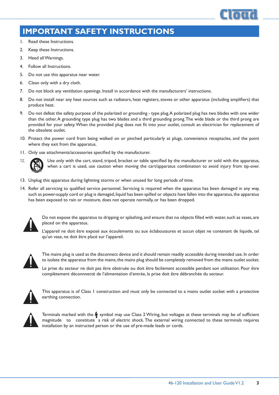 Important safety instructions | Cloud Electronics 46-120TMedia User Manual | Page 3 / 36