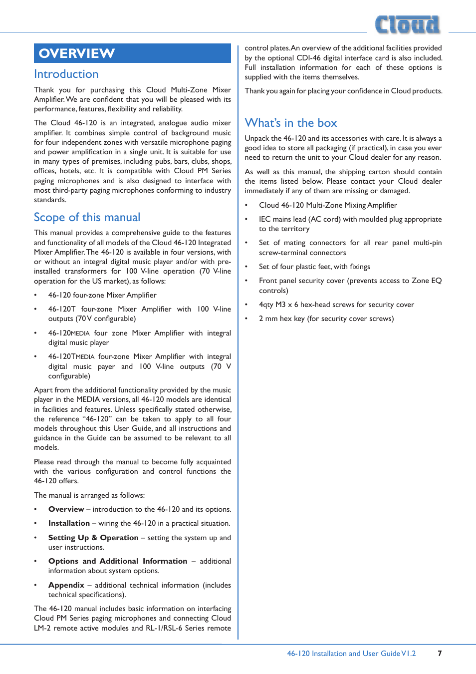 Overview, Introduction, Scope of this manual what’s in the box | Scope of this manual, What’s in the box | Cloud Electronics 46-120TMedia User Manual | Page 7 / 36