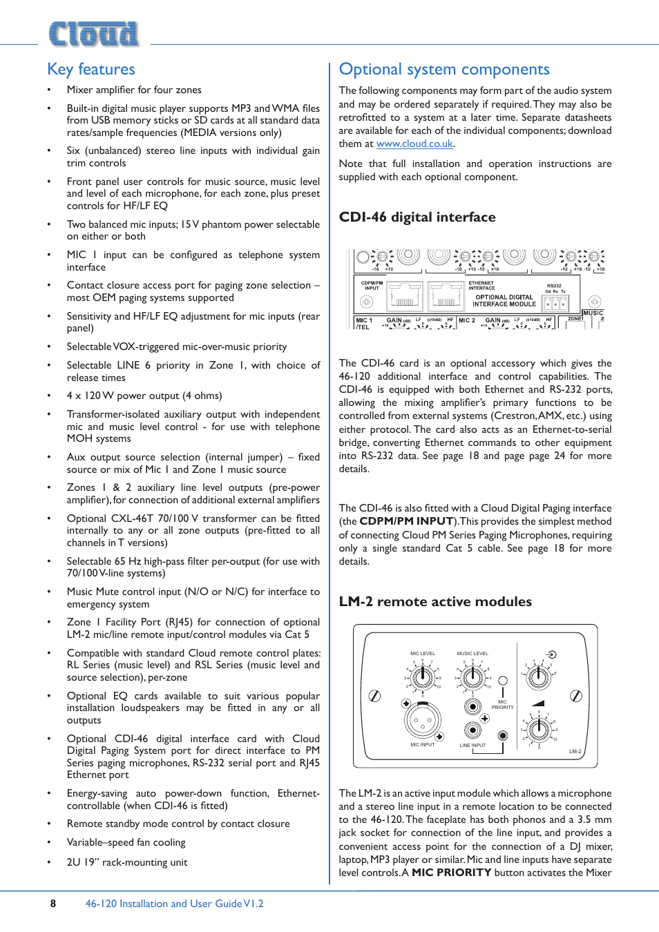 Key features, Optional system components, Cdi-46 digital interface | Lm-2 remote active modules | Cloud Electronics 46-120TMedia User Manual | Page 8 / 36