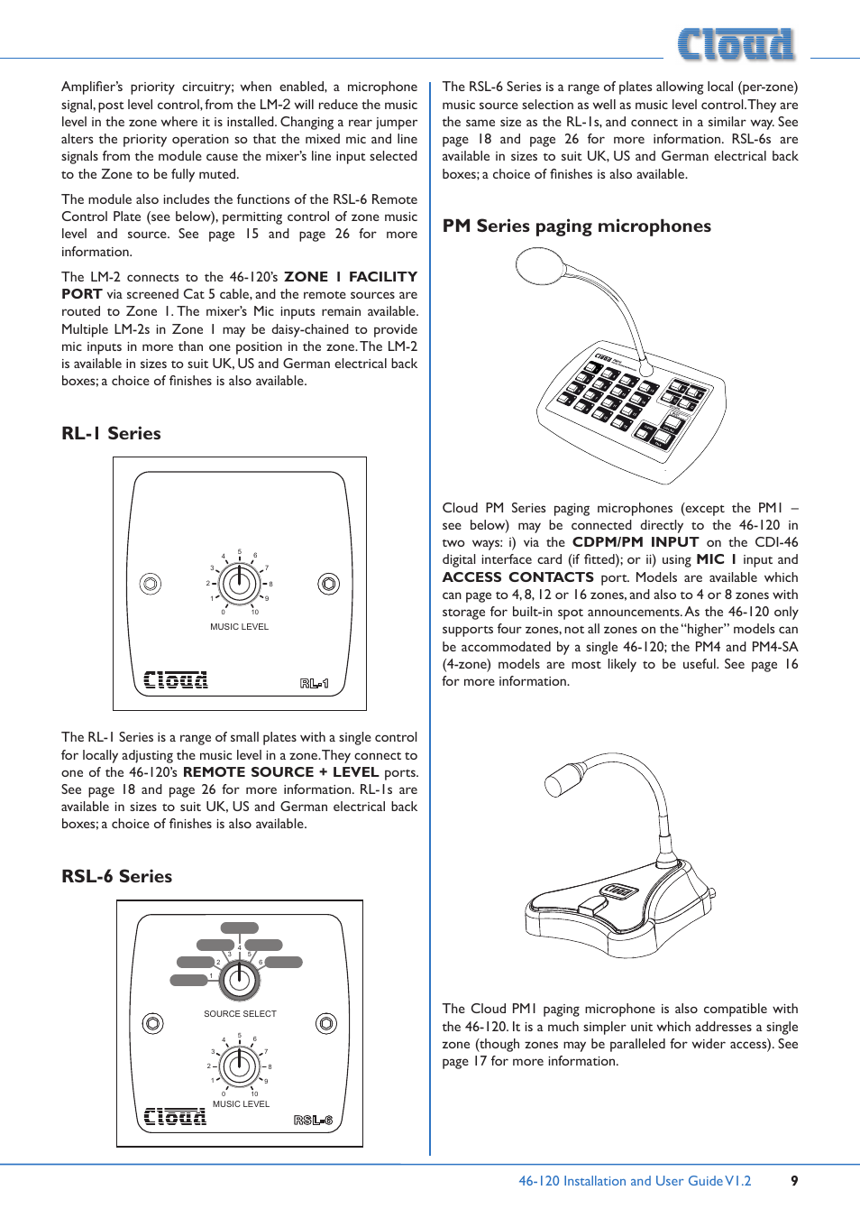 Rl-1 series, Rsl-6 series, Pm series paging microphones | Cloud Electronics 46-120TMedia User Manual | Page 9 / 36