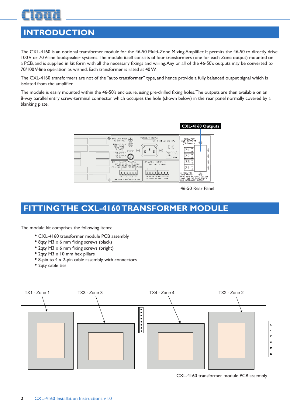 Introduction, Fitting the cxl-4160 transformer module | Cloud Electronics 46-50 - CXL-4160 User Manual | Page 2 / 7