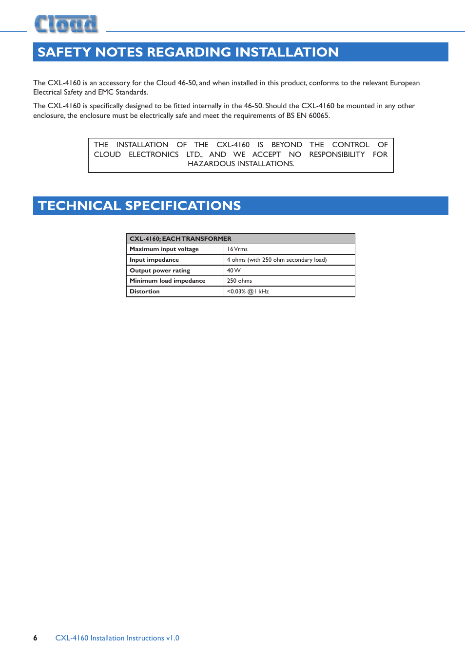 Technical specifications | Cloud Electronics 46-50 - CXL-4160 User Manual | Page 6 / 7