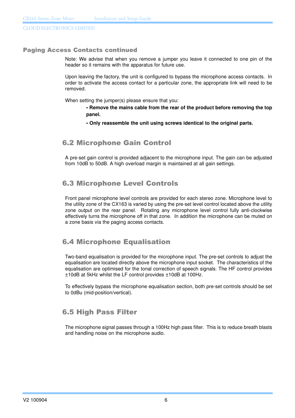 2 microphone gain control, 3 microphone level controls, 4 microphone equalisation | 5 high pass filter | Cloud Electronics CX163 User Manual | Page 12 / 21