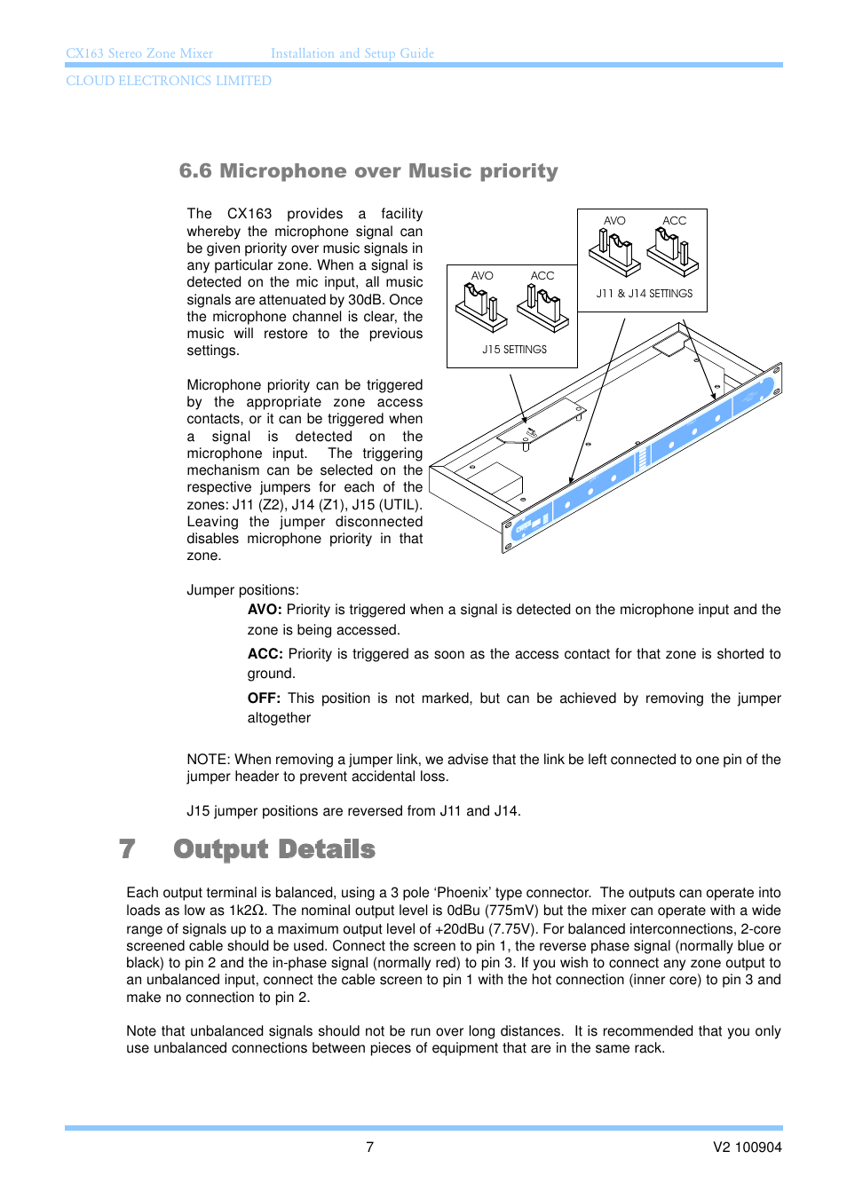 7 output details, 6 microphone over music priority | Cloud Electronics CX163 User Manual | Page 13 / 21