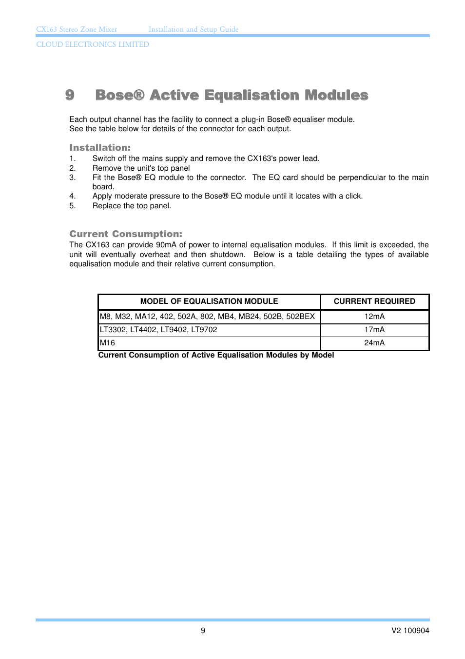 9 bose® active equalisation modules | Cloud Electronics CX163 User Manual | Page 15 / 21