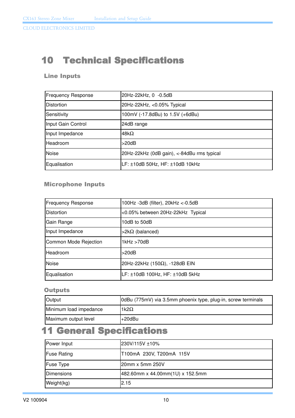 10 technical specifications, 11 general specifications | Cloud Electronics CX163 User Manual | Page 16 / 21