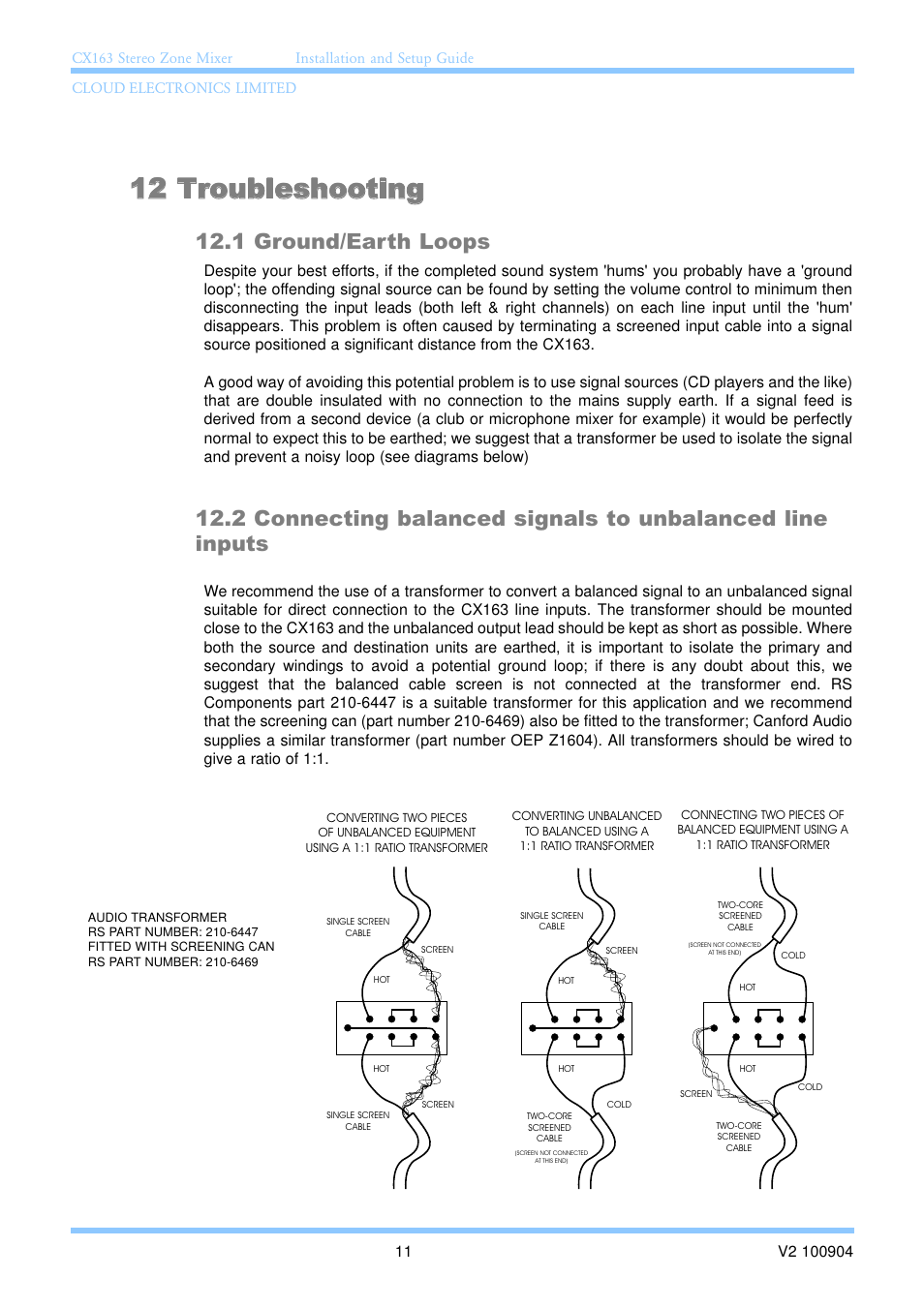 12 troubleshooting, 1 ground/earth loops | Cloud Electronics CX163 User Manual | Page 17 / 21