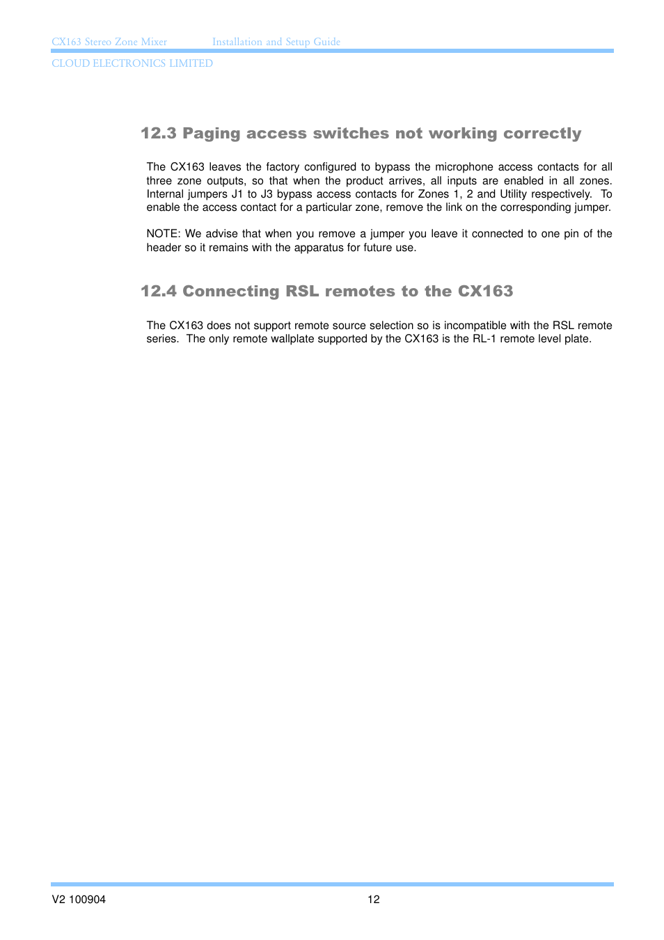 3 paging access switches not working correctly, 4 connecting rsl remotes to the cx163 | Cloud Electronics CX163 User Manual | Page 18 / 21