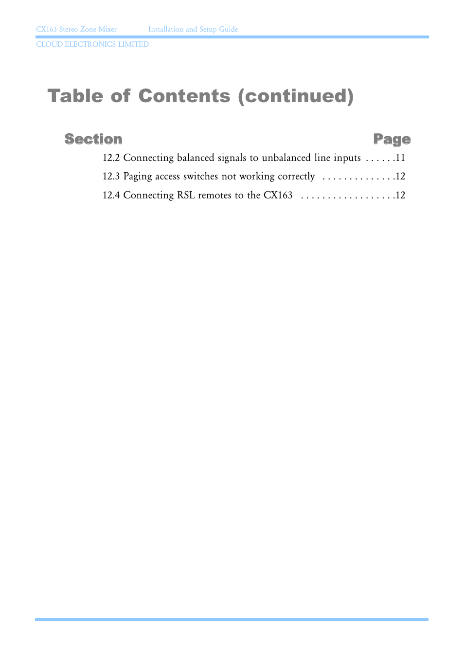 Table of contents (continued) | Cloud Electronics CX163 User Manual | Page 6 / 21