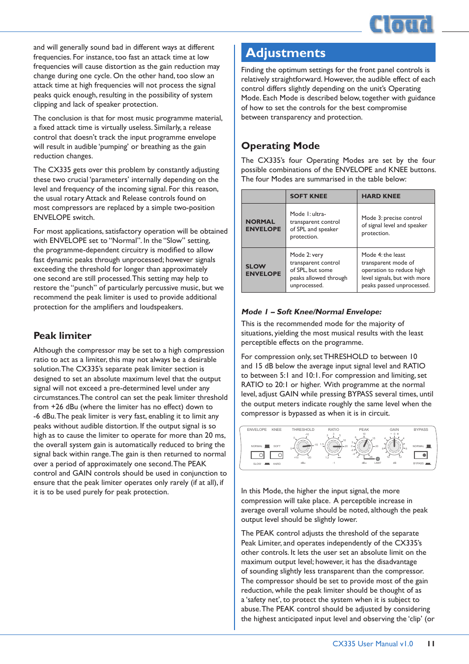 Hard/soft knee normal/slow envelope peak limiter, Adjustments, Peak limiter | Operating mode | Cloud Electronics CX335 User Manual | Page 11 / 16