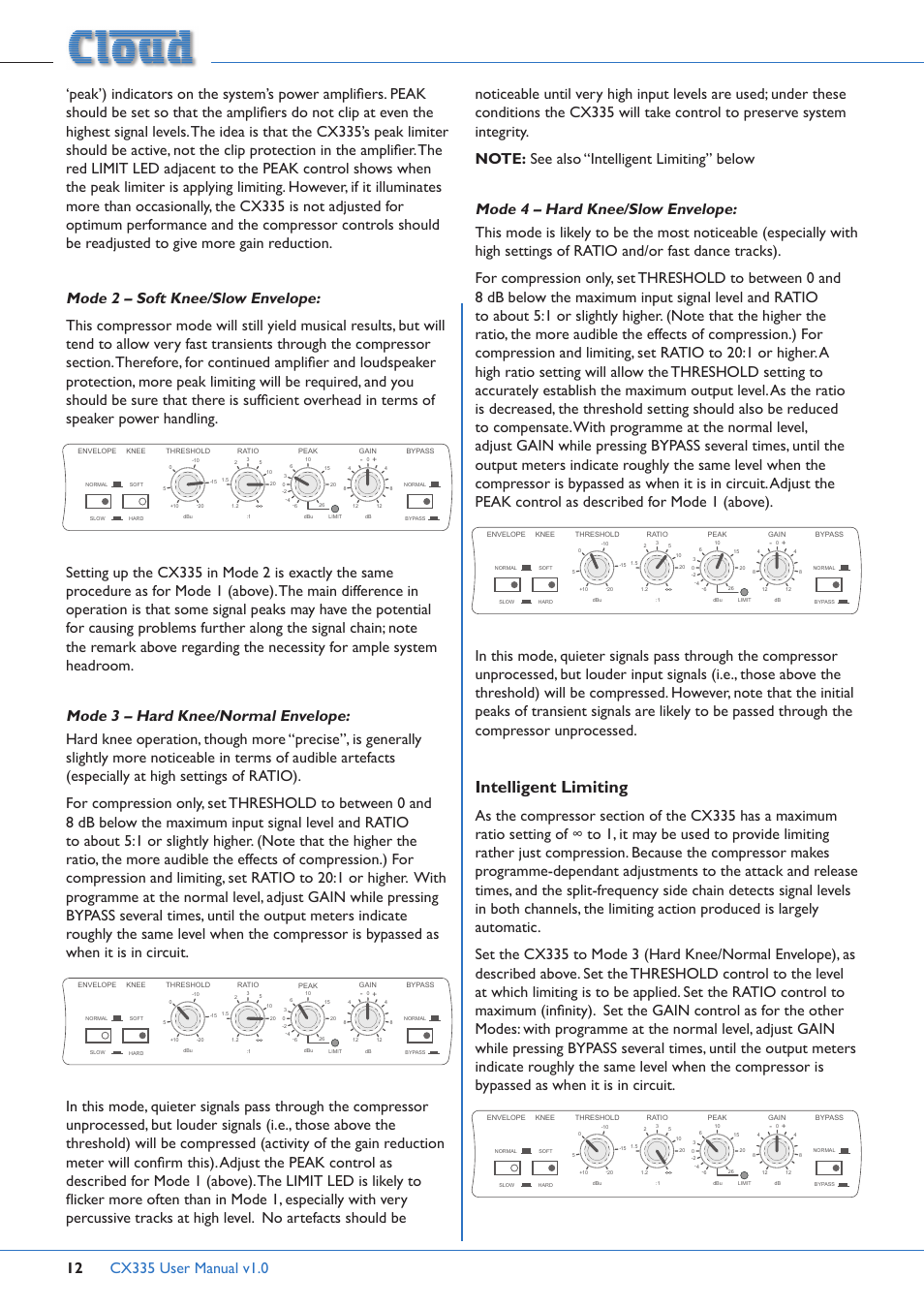 Adjustments, Operating modes, Intelligent limiting | Cloud Electronics CX335 User Manual | Page 12 / 16