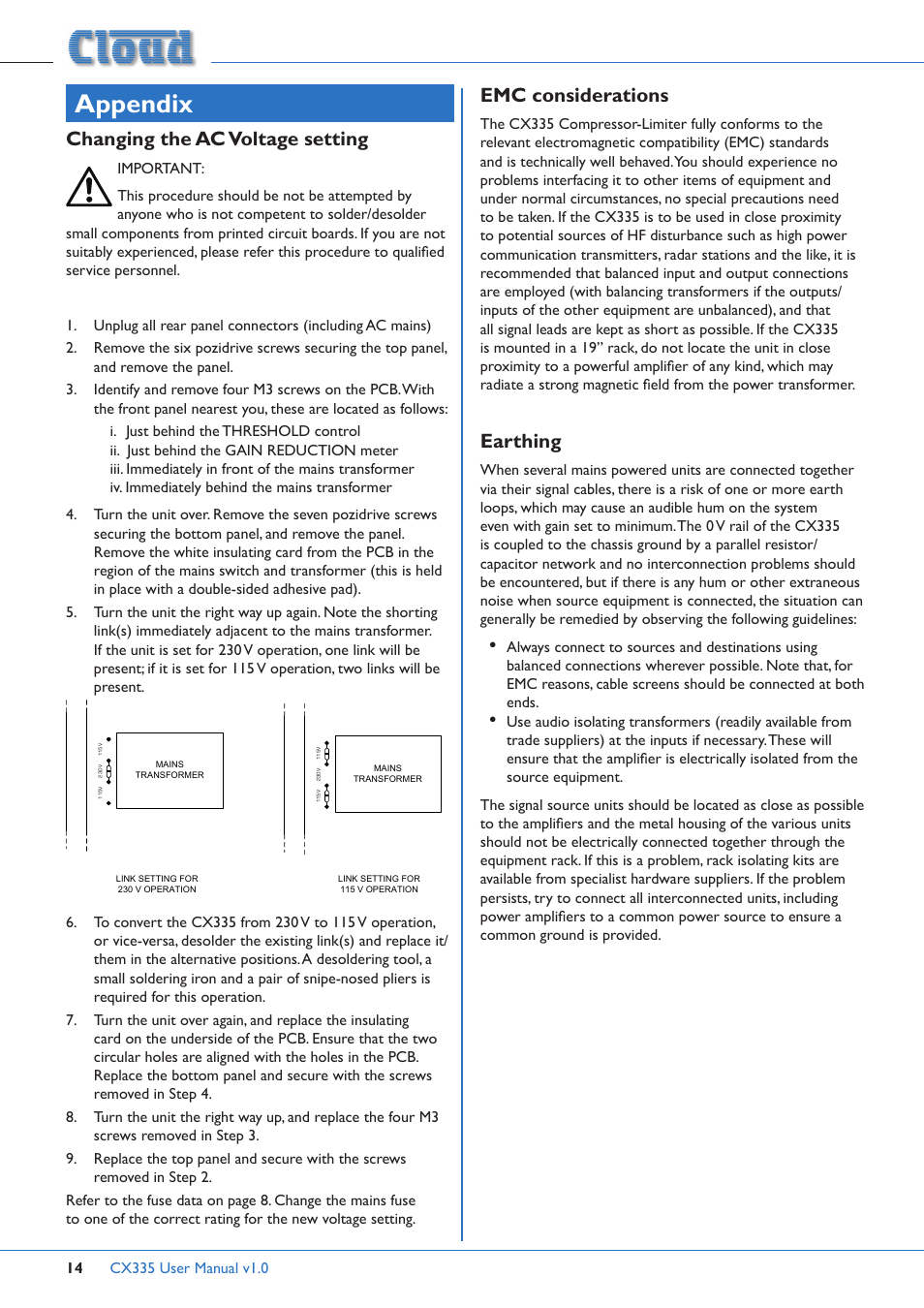 Appendix, Changing the ac voltage setting, Emc considerations | Earthing | Cloud Electronics CX335 User Manual | Page 14 / 16