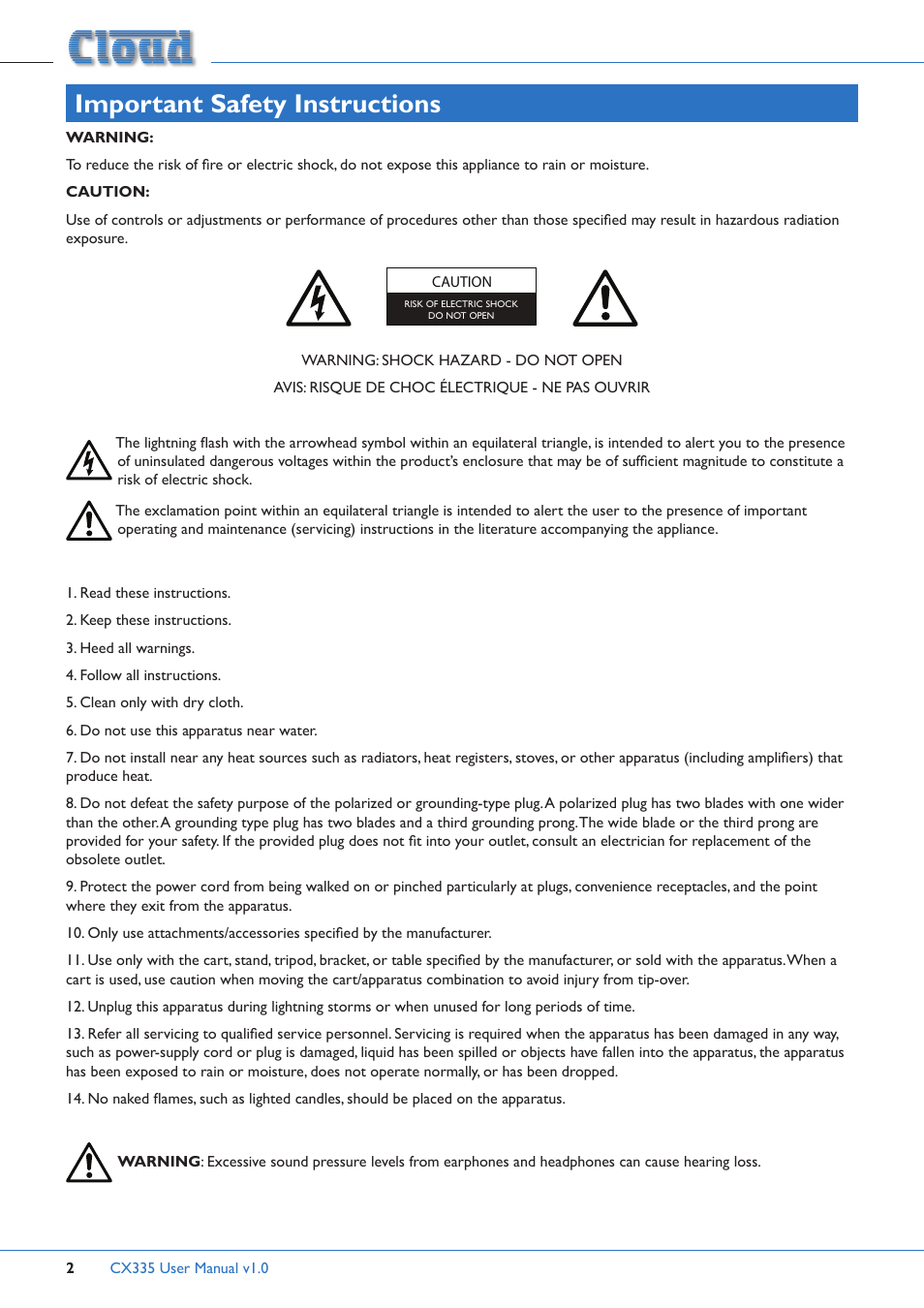 Important safety instructions | Cloud Electronics CX335 User Manual | Page 2 / 16