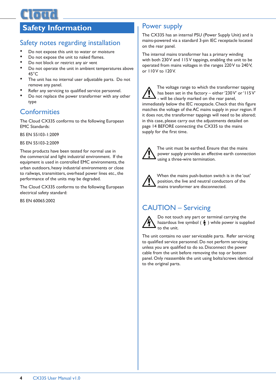 Safety information, Conformities, Power supply | Caution – servicing | Cloud Electronics CX335 User Manual | Page 4 / 16