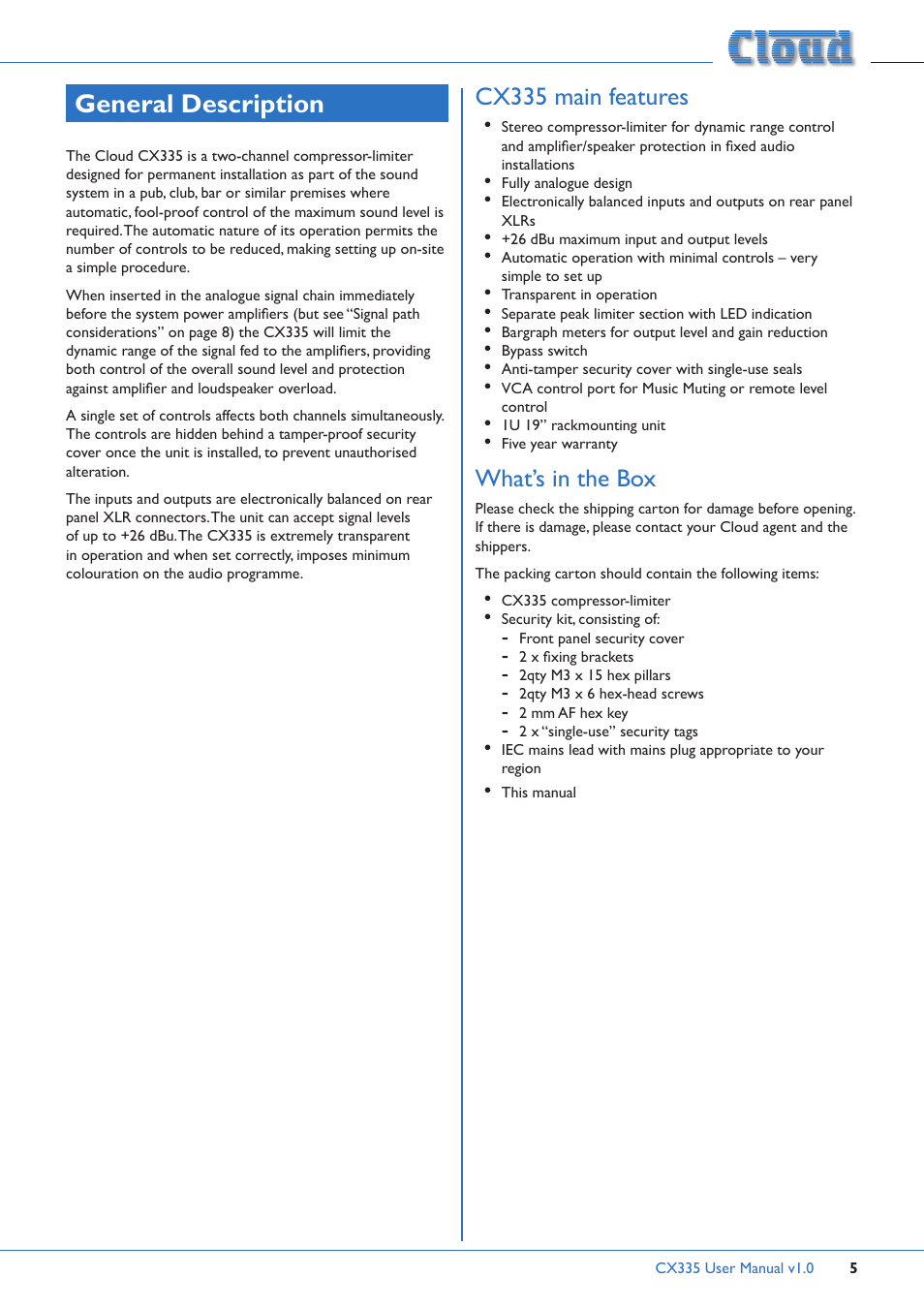 General description, Cx335 main features, What’s in the box | Cloud Electronics CX335 User Manual | Page 5 / 16