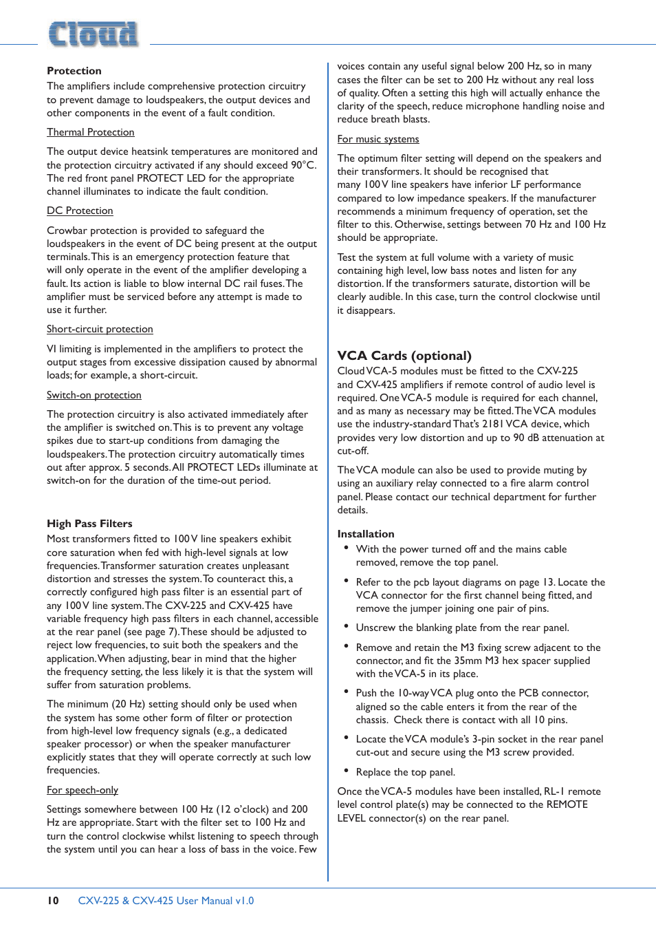 Protection high pass filters, Vca cards (optional), Installation | Cloud Electronics CXV-225 User Manual | Page 10 / 16