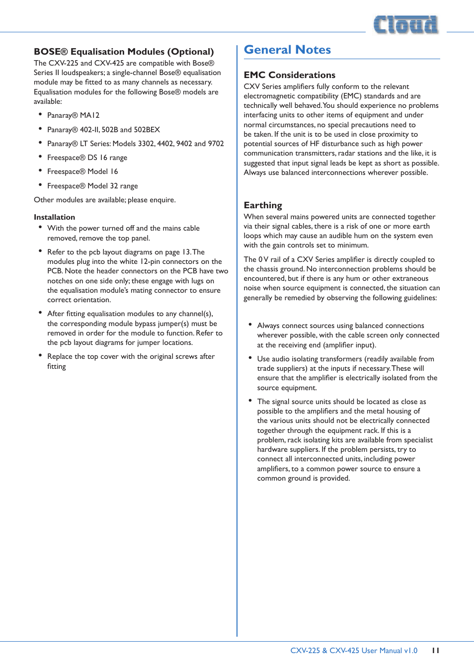 Bose® equalisation modules (optional), Installation, General notes | Emc considerations earthing | Cloud Electronics CXV-225 User Manual | Page 11 / 16