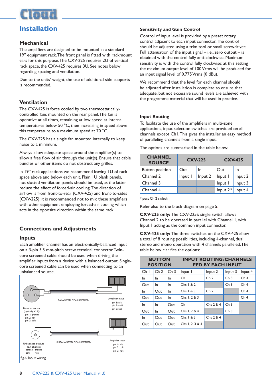 Installation, Mechanical, Ventilation | Connections and adjustments inputs, Sensitivity and gain control input routing | Cloud Electronics CXV-225 User Manual | Page 8 / 16