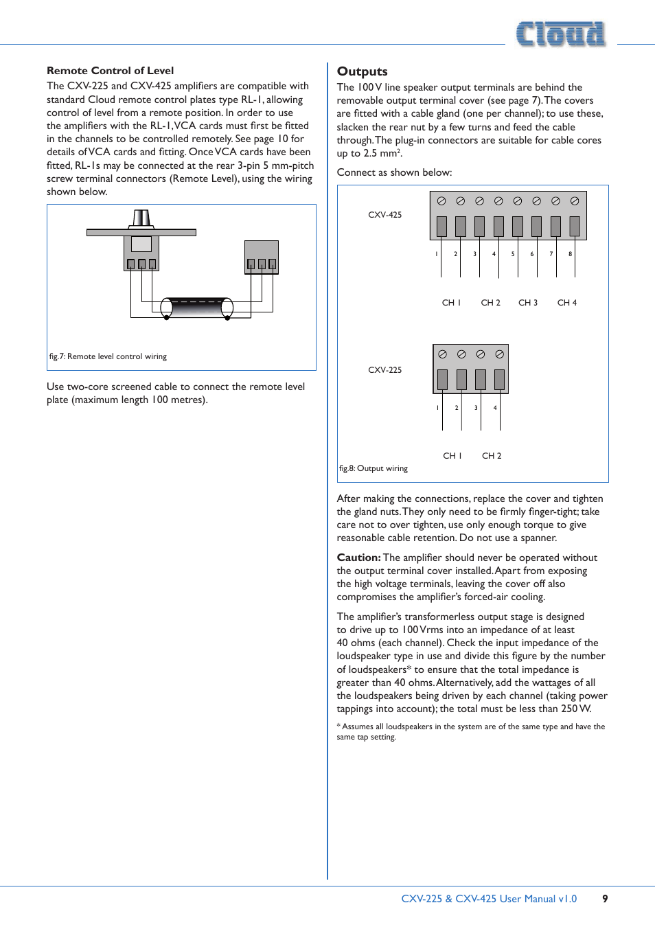 Remote control of level, Outputs, Connect as shown below | Cloud Electronics CXV-225 User Manual | Page 9 / 16