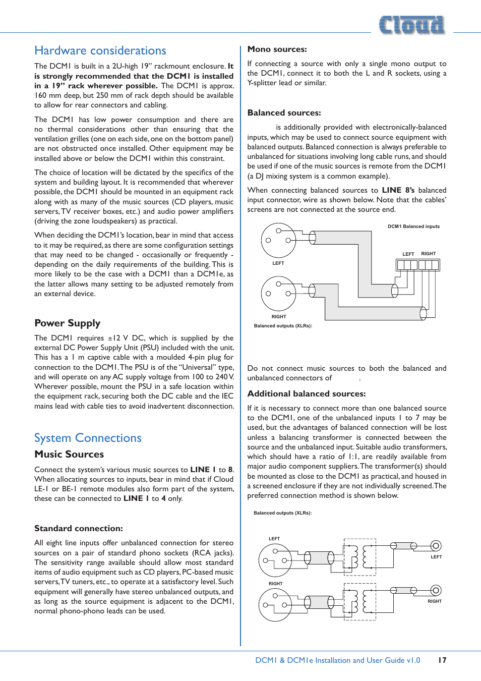 Hardware considerations, System connections, Power supply | Music sources, Standard connection, Mono sources, Balanced sources, Additional balanced sources | Cloud Electronics DCM1 User Manual | Page 17 / 79