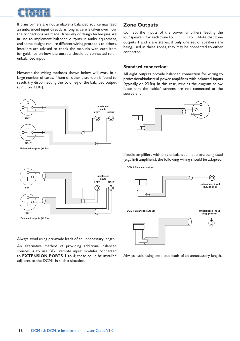 Zone outputs, Standard connection | Cloud Electronics DCM1 User Manual | Page 18 / 79