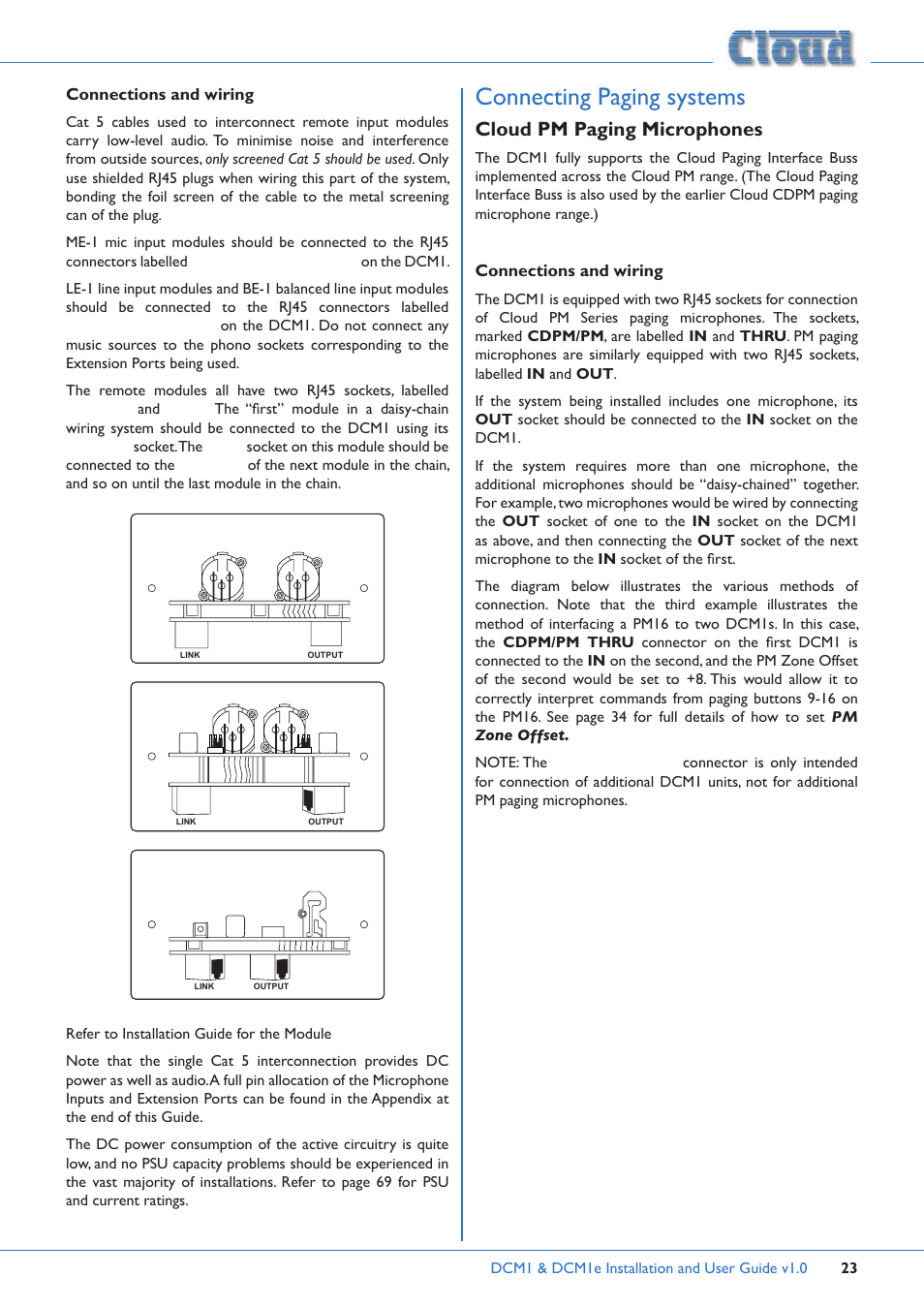 Connecting paging systems, Be-1 me-1 le-1, Cloud pm paging microphones | Cloud Electronics DCM1 User Manual | Page 23 / 79