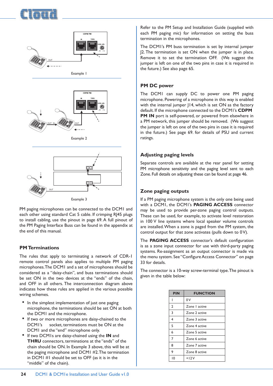 Pm terminations, Pm dc power, Adjusting paging levels | Zone paging outputs | Cloud Electronics DCM1 User Manual | Page 24 / 79