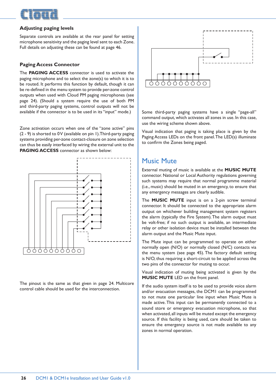 Music mute, Adjusting paging levels, Paging access connector | Cloud Electronics DCM1 User Manual | Page 26 / 79