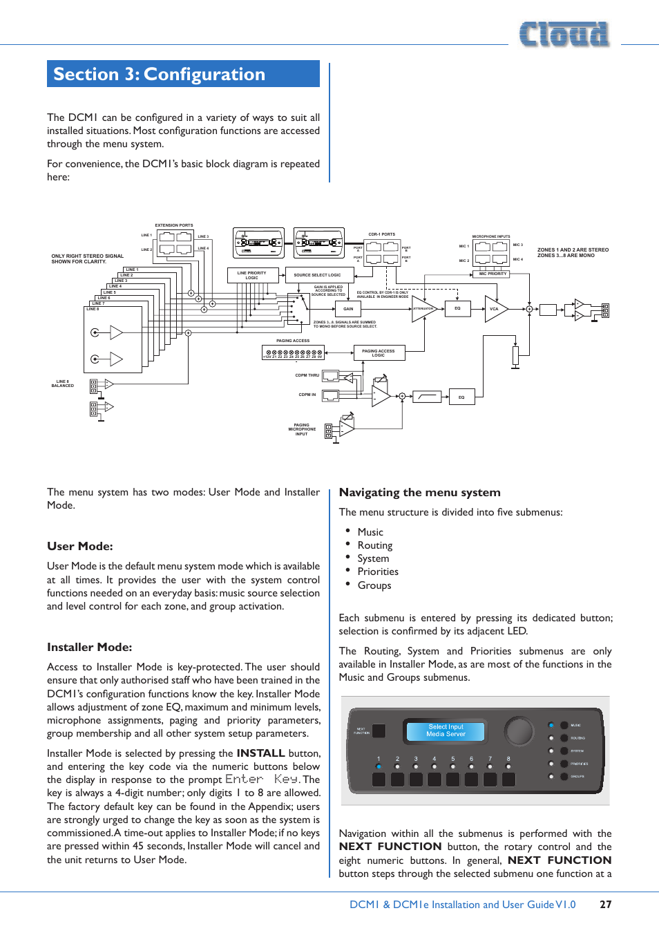 User mode, Installer mode, Navigating the menu system | The menu structure is divided into five submenus, Music, Routing, System, Priorities | Cloud Electronics DCM1 User Manual | Page 27 / 79