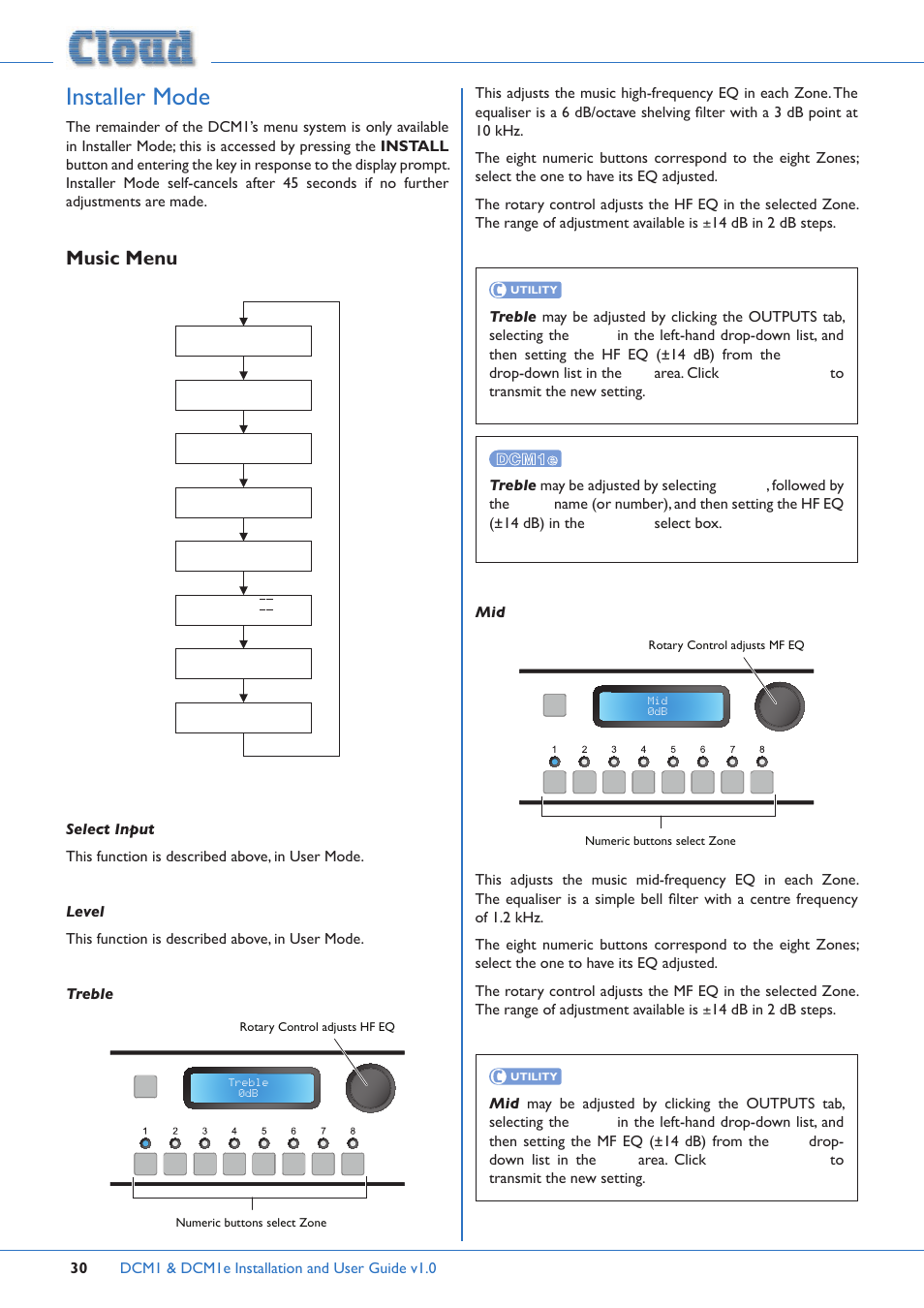 Installer mode, Music menu | Cloud Electronics DCM1 User Manual | Page 30 / 79