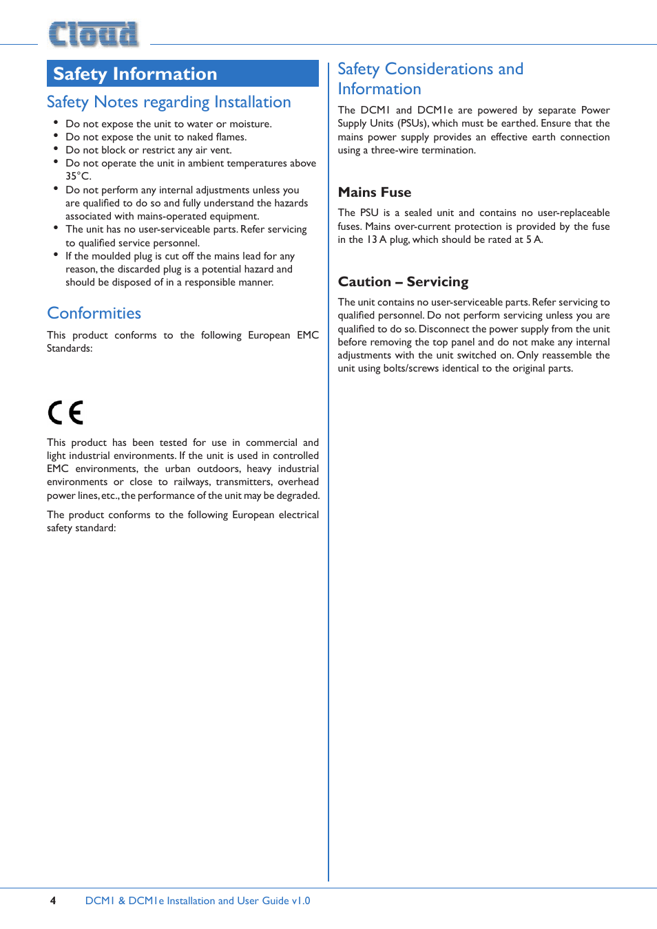 Safety information, Conformities, Safety considerations and information | Cloud Electronics DCM1 User Manual | Page 4 / 79