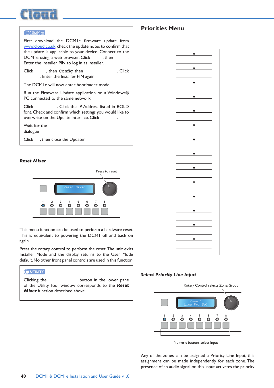 Priorities menu, Select priority line input | Cloud Electronics DCM1 User Manual | Page 40 / 79