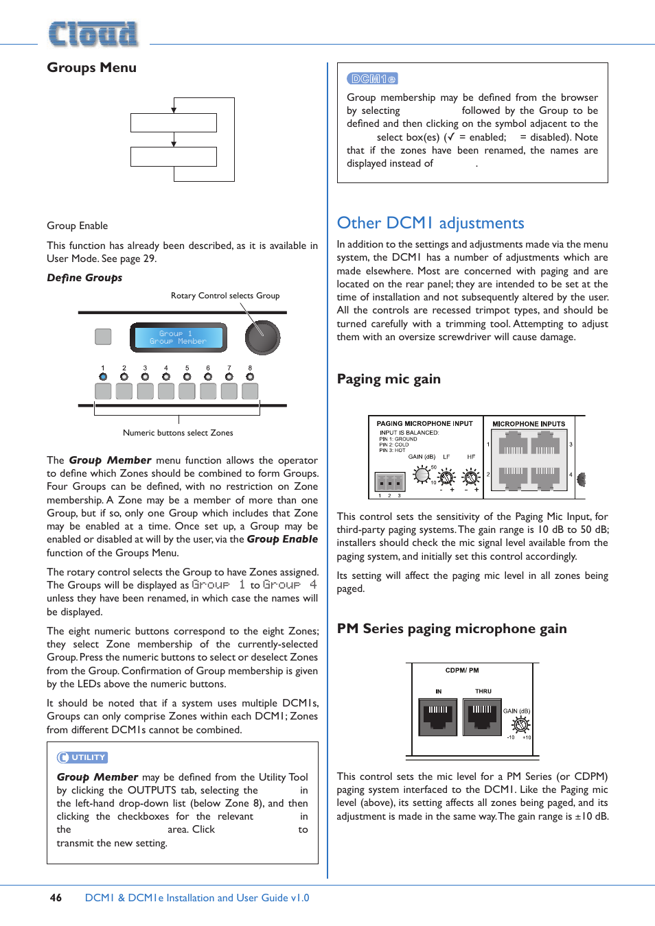Other dcm1 adjustments, Groups menu, Paging mic gain | Pm series paging microphone gain | Cloud Electronics DCM1 User Manual | Page 46 / 79