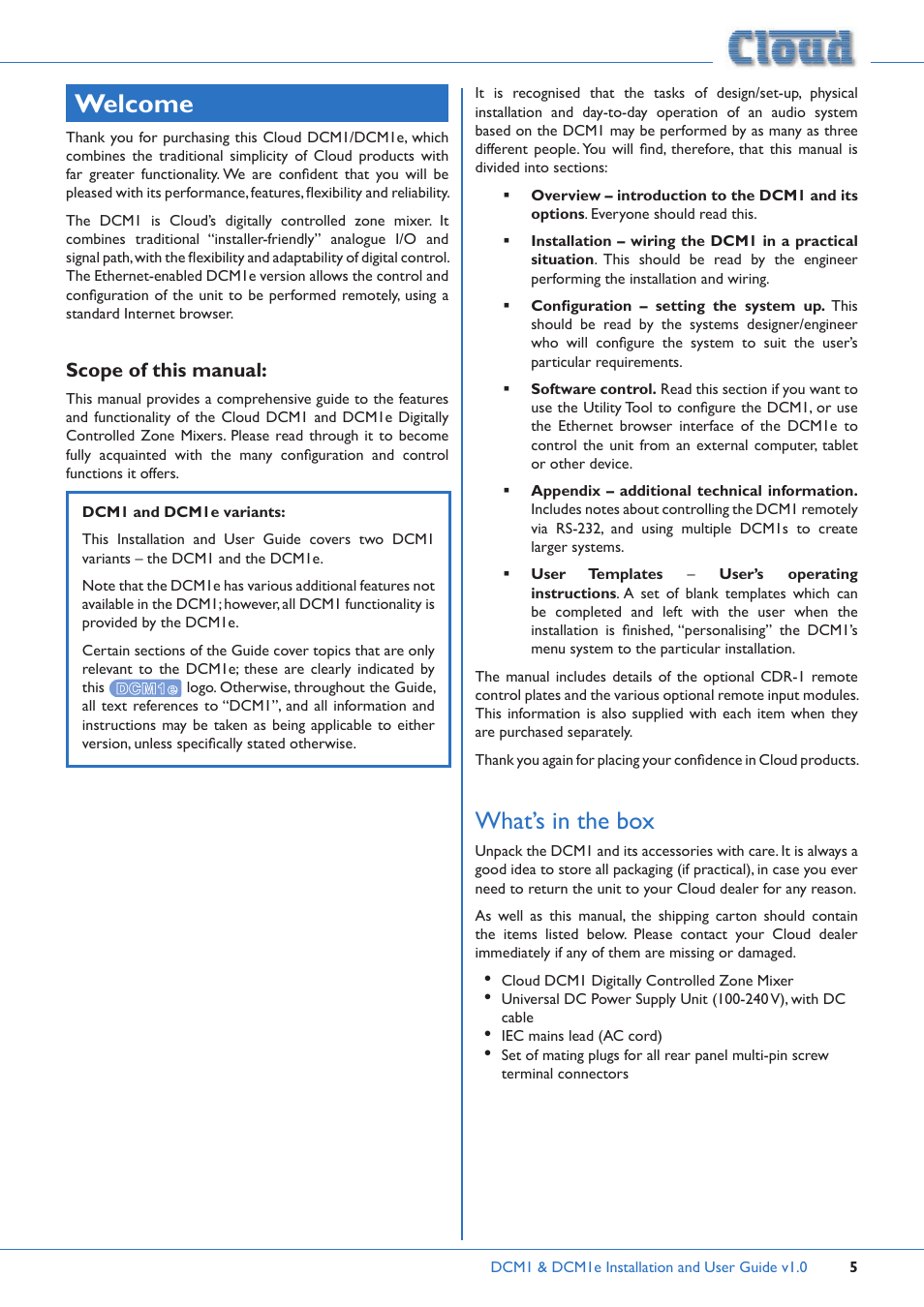 Welcome, What’s in the box | Cloud Electronics DCM1 User Manual | Page 5 / 79