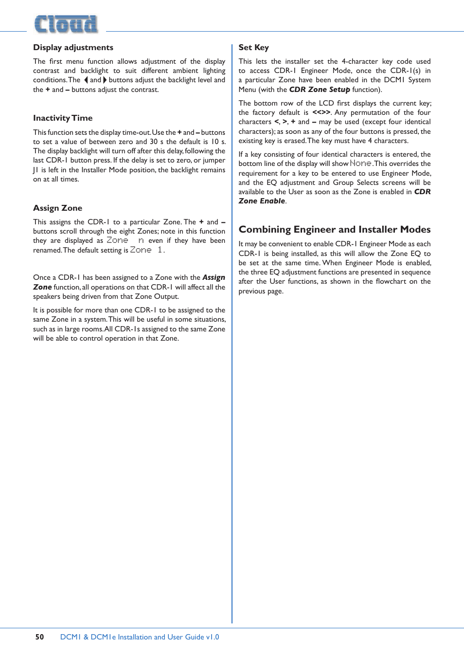 Combining engineer and installer modes | Cloud Electronics DCM1 User Manual | Page 50 / 79